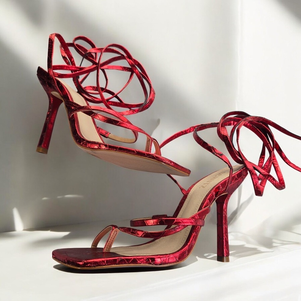 Schutz Krist Red Croc Embossed Leather Tie Up Wrap Heeled Sandals Woman Size 8.5